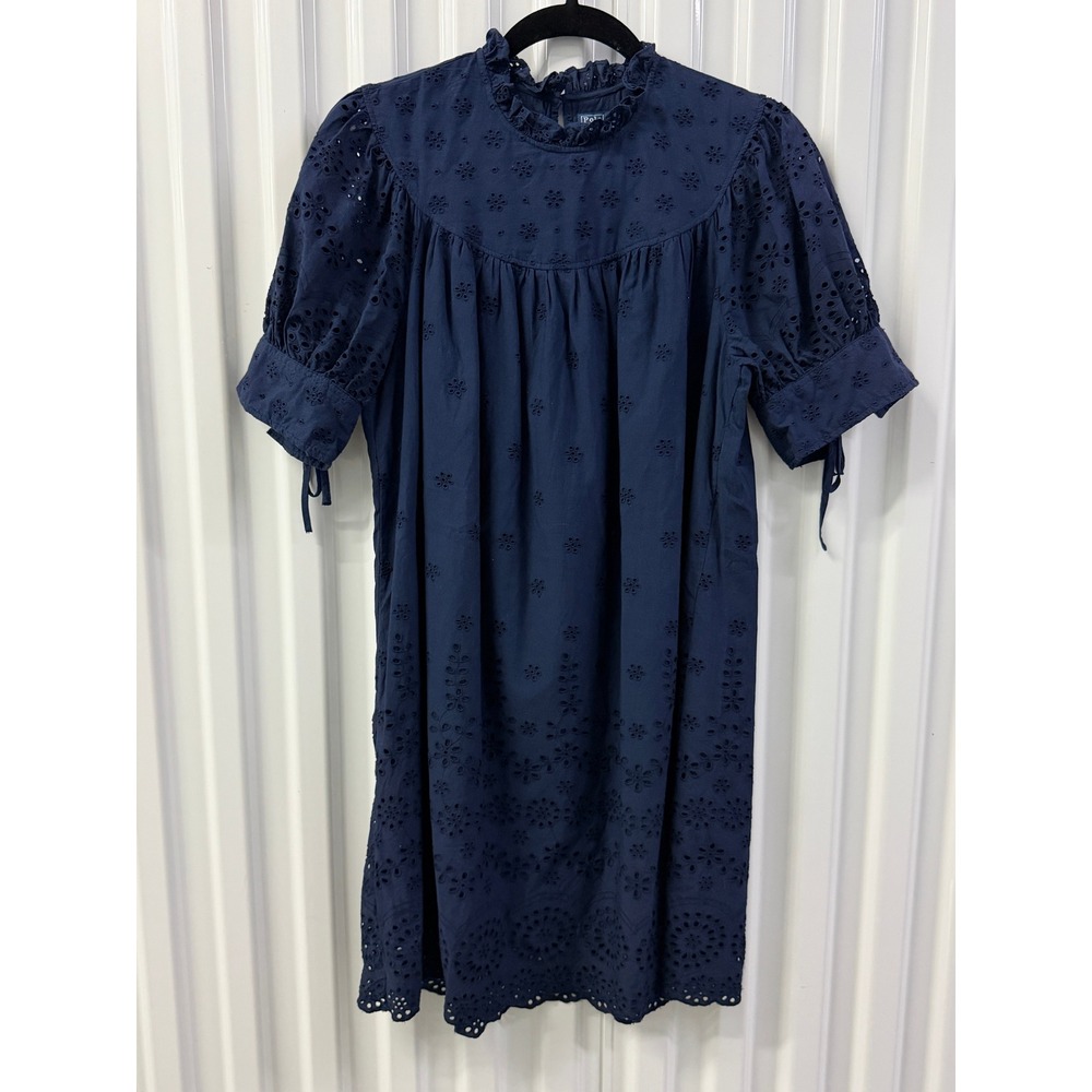 Polo Ralph Lauren Eyelet Dress Womens 0 Navy Blue Excellent Ruffle Puff Sleeve